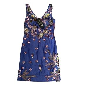 Musani Gold Gala V-Neck Sequins/Stone Floral Sleevless Mini Dress Size 8 NWT